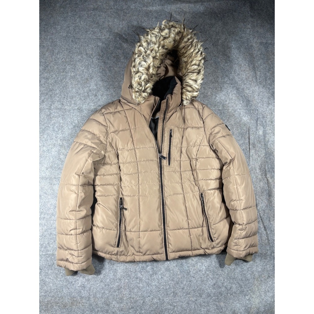 Calvin Klein Women Quilted Puffer Coat Detachable Hood Faux Fur‎ Beige XL